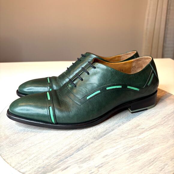 John Fluevog Green Leather Cap Toe Oxford Dress Shoes Men\'s Unique Stitch 10.5 main image 7